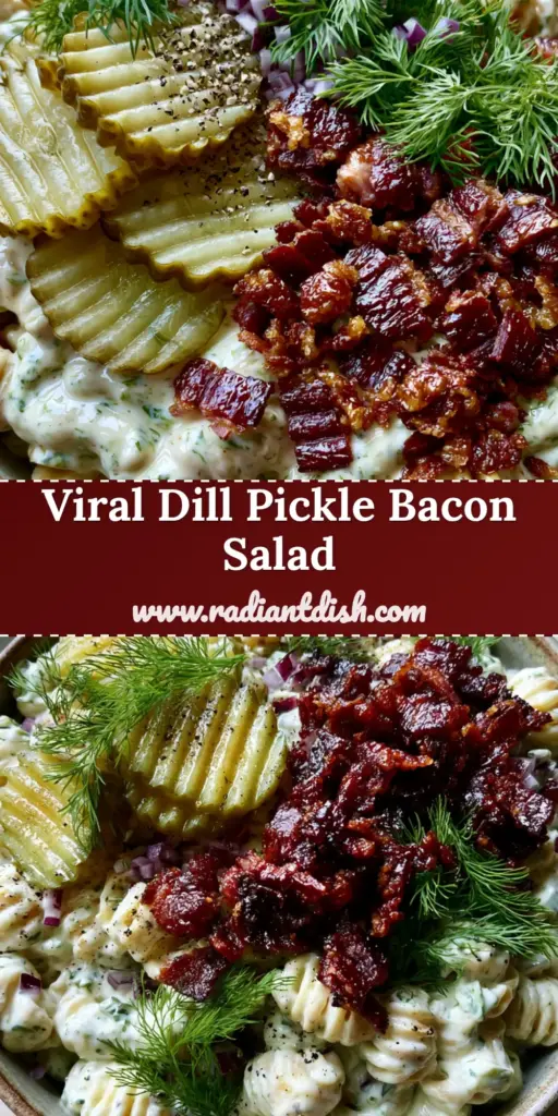 A high-angle handheld photo of a ceramic bowl filled with Dill Pickle Bacon Pasta Salad, showing thick-cut bacon, crinkle-cut pickles, and fresh dill.