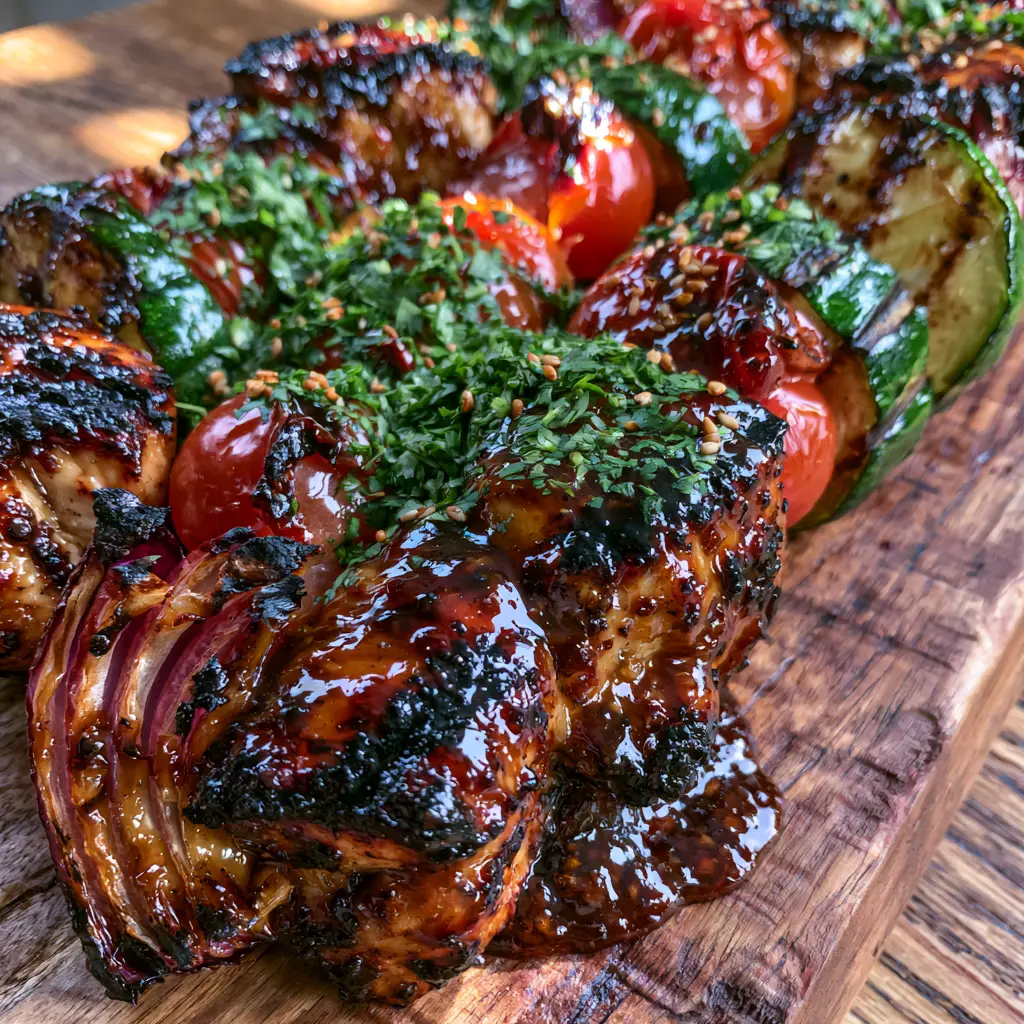 Gourmet chicken skewers featuring charred edges and a thick honey-garlic glaze. (summer grilling recipes)