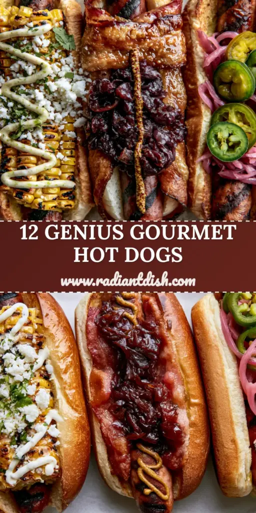 A professional flat lay of three gourmet hot dogs on a rustic platter featuring charred corn, cotija cheese, and balsamic caramelized onions. (Gourmet hot dogs)