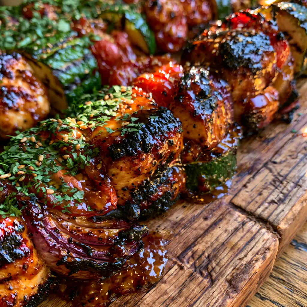 Grilled zucchini rounds and blistered cherry tomatoes on a chicken skewer.