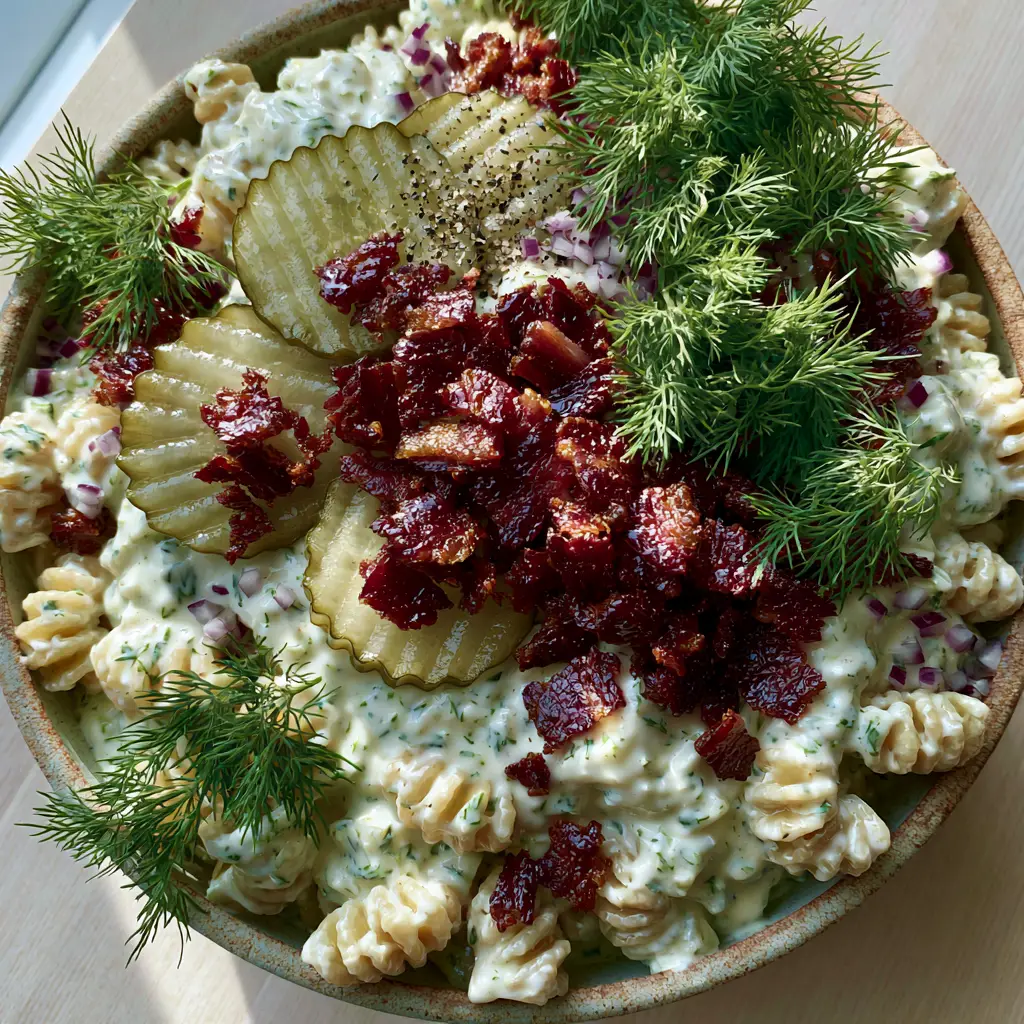 Close up of radiatori pasta coated in a creamy herb dressing with glistening dark-red bacon bits and crinkle-cut pickles in a Dill Pickle Bacon Pasta Salad.