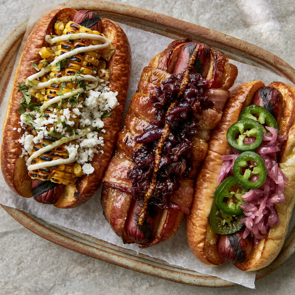 Top-down aesthetic food photography of gourmet hot dogs with lime crema and charred corn on toasted brioche buns. (Gourmet hot dogs)