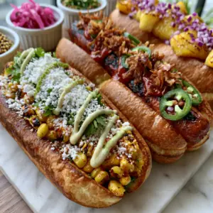 Close up photo of three gourmet hot dogs in toasted brioche buns with various toppings. (hot dogs)