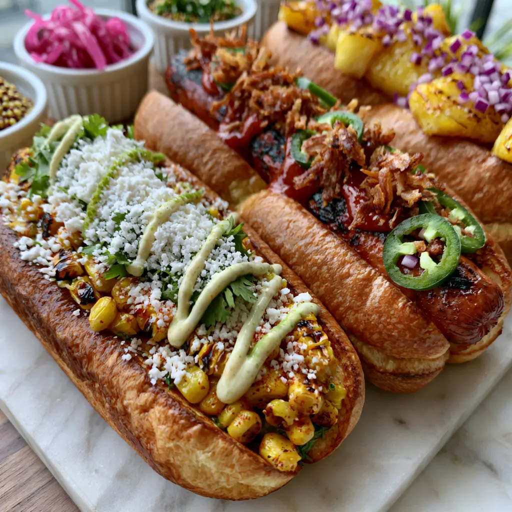 Close up photo of three gourmet hot dogs in toasted brioche buns with various toppings. (hot dogs)