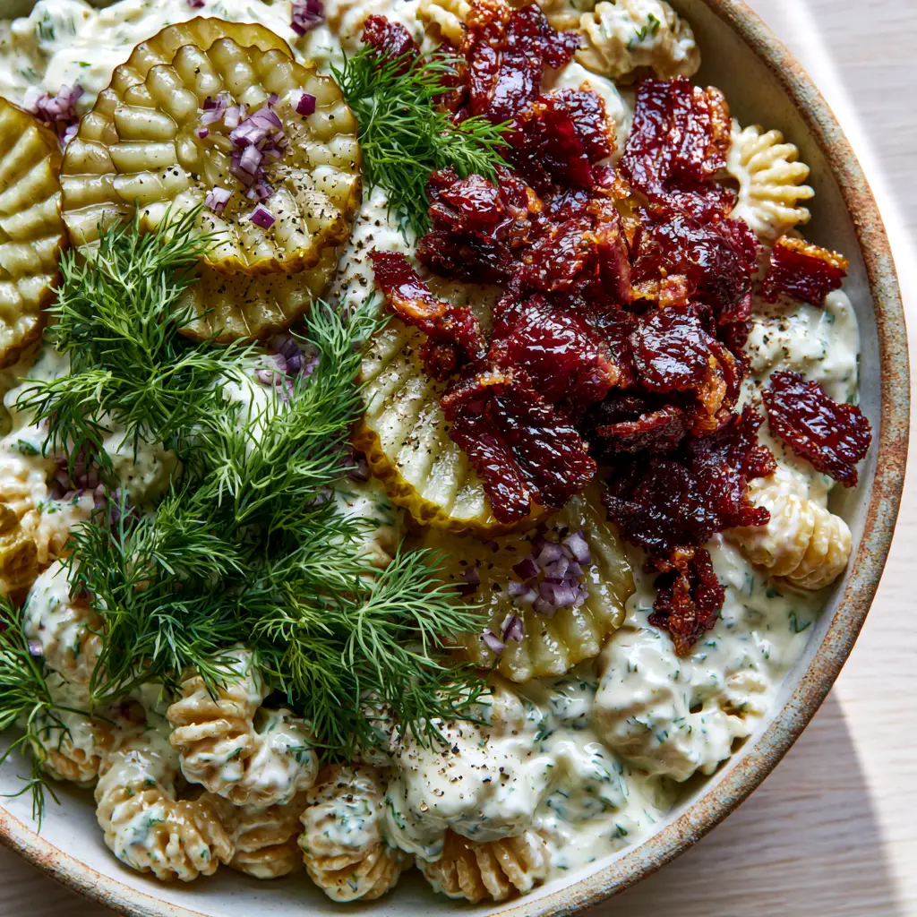 Overhead view of an overflowing rustic ceramic bowl of Dill Pickle Bacon Pasta Salad on a light wood table.