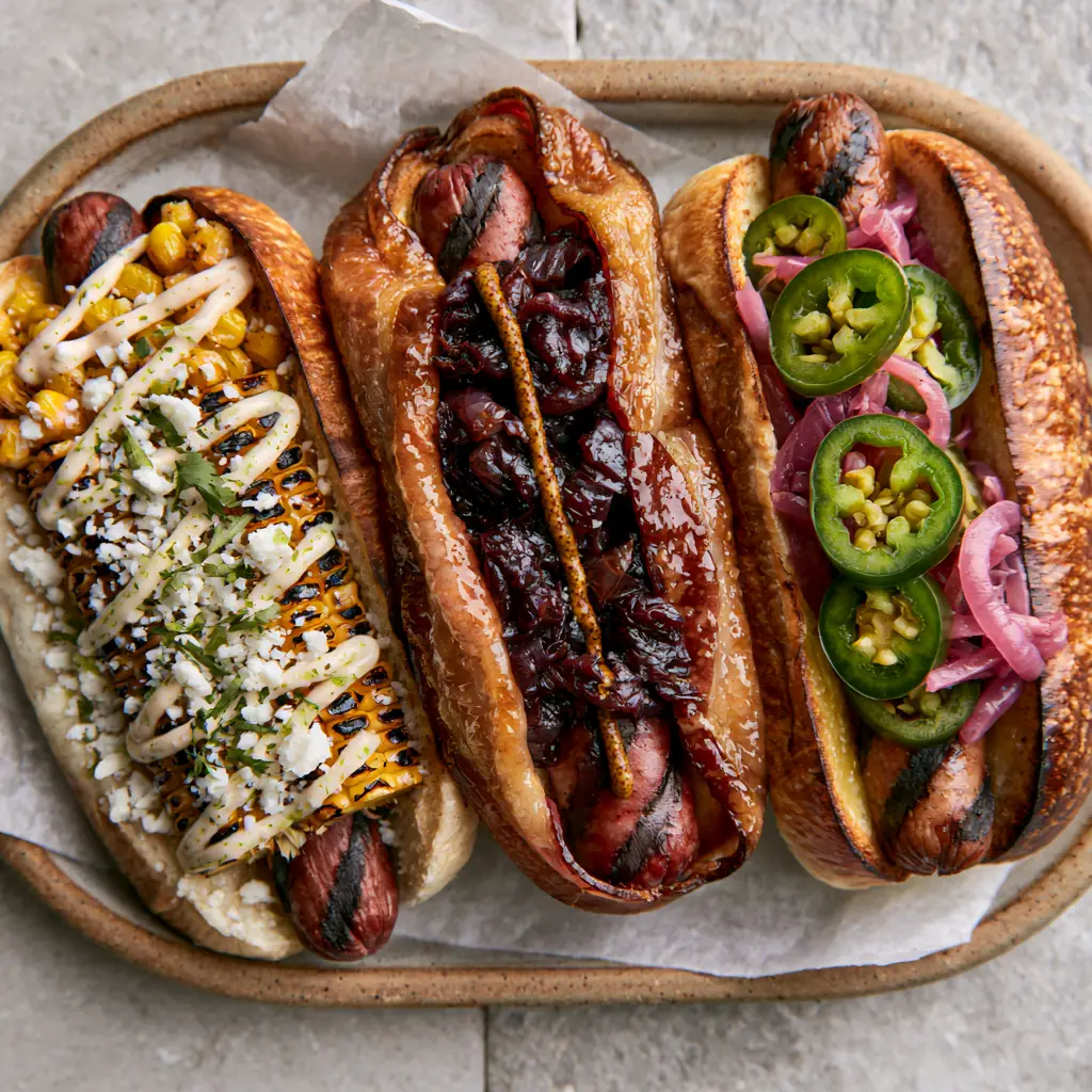 Close up of charred gourmet hot dogs with pickled jalapenos and red onions on a neutral stone background. (Gourmet hot dogs)