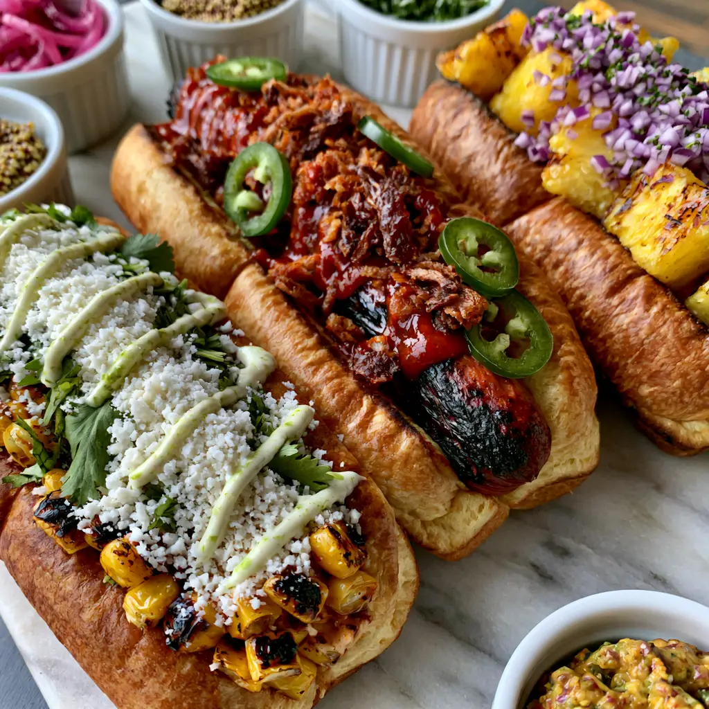 Handheld smartphone photo of a lush hot dog board with ceramic ramekins of garnishes. (hot dogs)