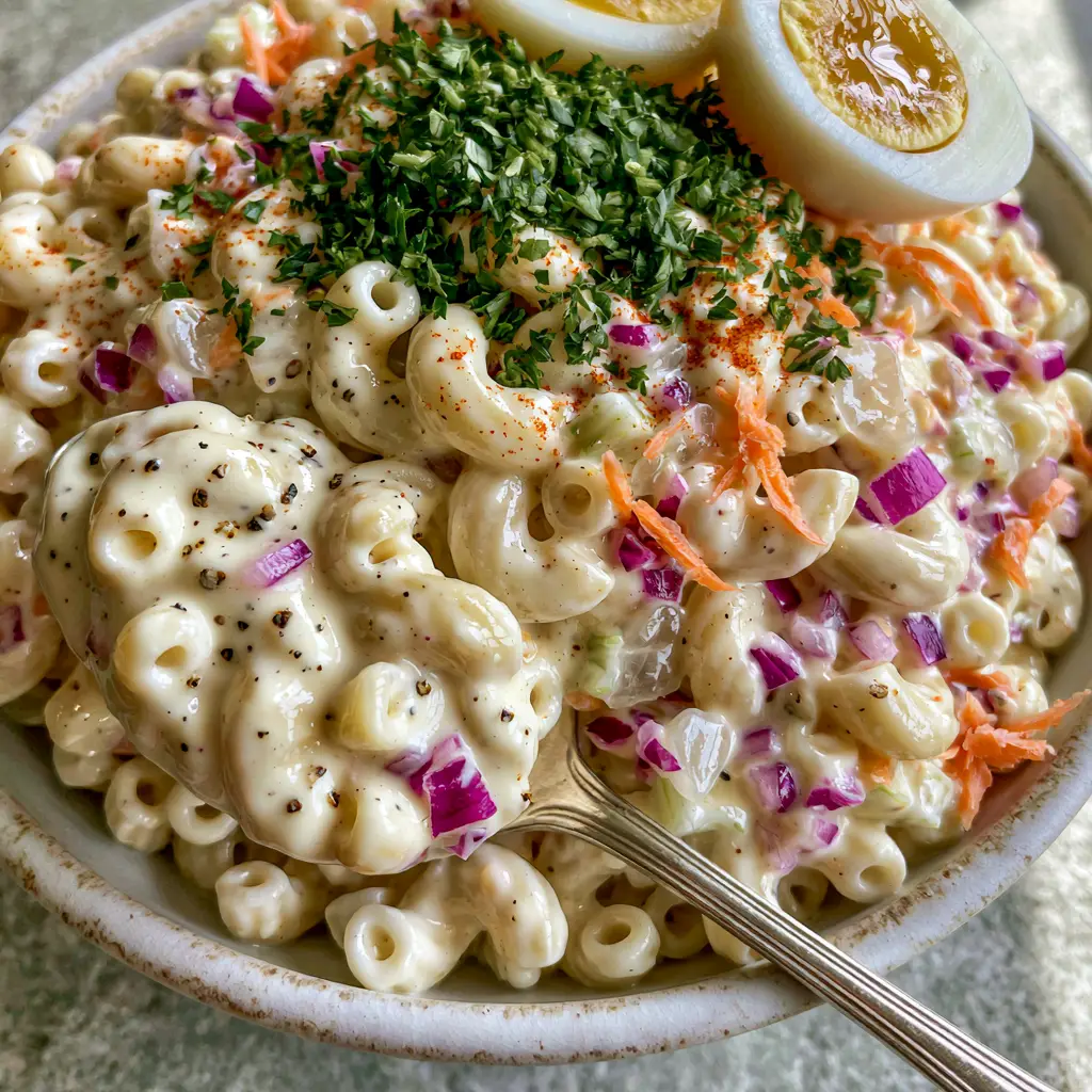 A silver spoon lifting a portion of the ultra-creamy Macaroni salad recipe to show its thick consistency. (Macaroni salad recipe)