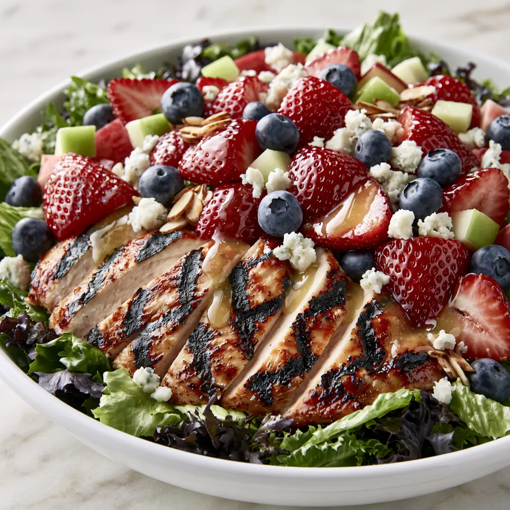Close up of strawberries, blueberries, and diced apples on a bed of greens in a Chick-fil-A Market Salad.