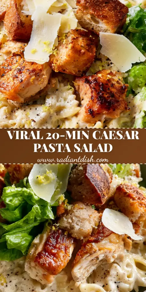 Chicken Caesar Pasta Salad with Hand-Torn Rotisserie Chicken and Sourdough Croutons 3 A gourmet Chicken Caesar Pasta Salad in a white bowl featuring farfalle pasta, golden rotisserie chicken, oversized sourdough croutons, and wide parmesan shavings with lemon zest.