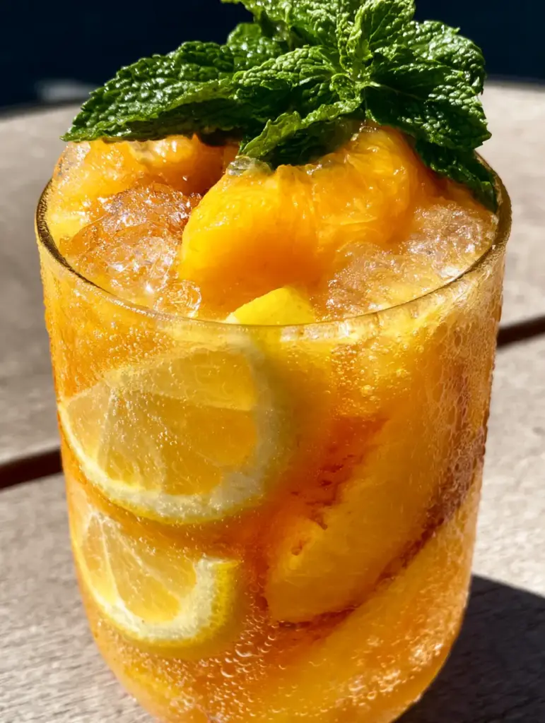 A handheld photo showing the pulpy texture and golden-peach liquid of homemade peach lemonade.