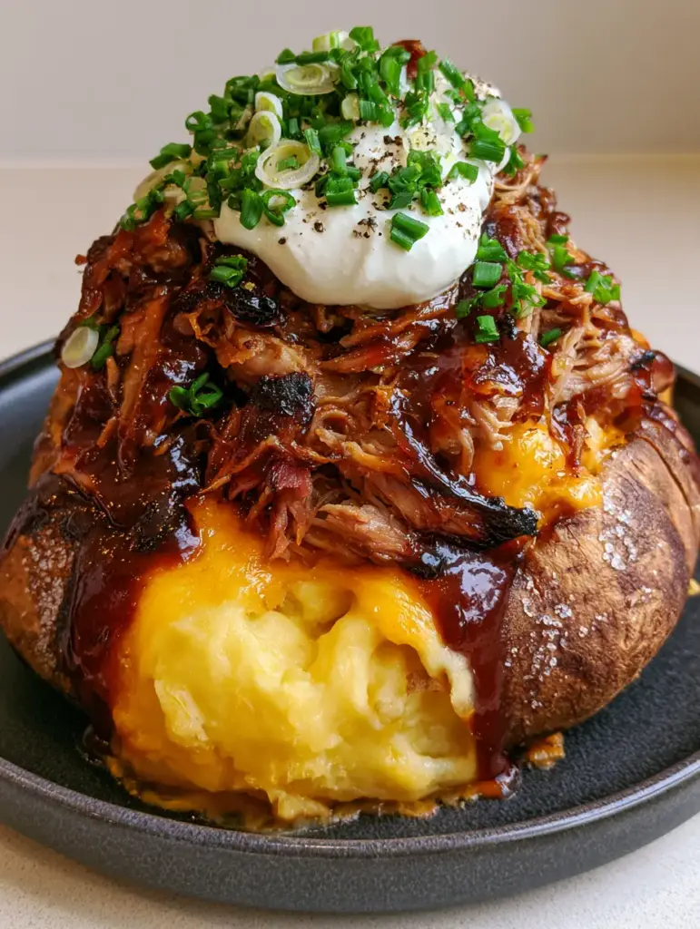 Loaded Baked Potato with Pulled Pork: The Ultimate BBQ Comfort Food 1 A top-down view of a Loaded Baked Potato with Pulled Pork showing fresh chives and a sour cream dollop.