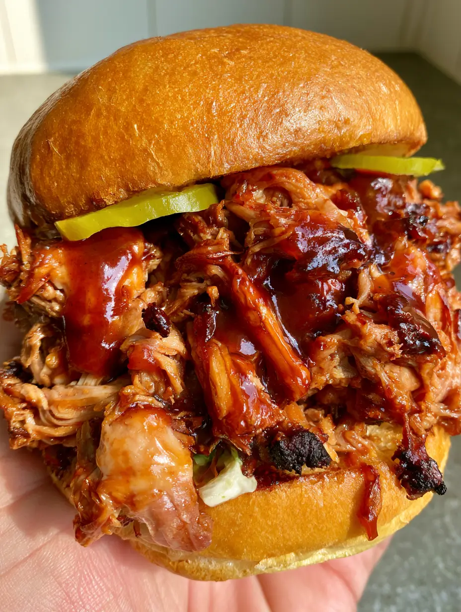 Slow Cooker BBQ Pulled Pork Sandwiches with Dr Pepper Glaze 3 Detailed close-up of glistening shredded pork fibers with charred bark bits on a toasted brioche bun. (slow cooker bbq pulled pork sandwiches)