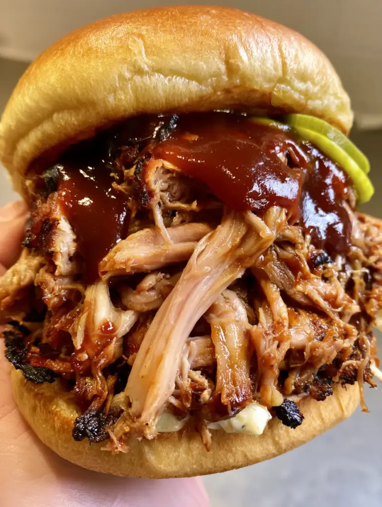 Slow Cooker BBQ Pulled Pork Sandwiches with Dr Pepper Glaze 1 A hand holding a thick BBQ pulled pork sandwich with visible creamy coleslaw and bright green pickles.