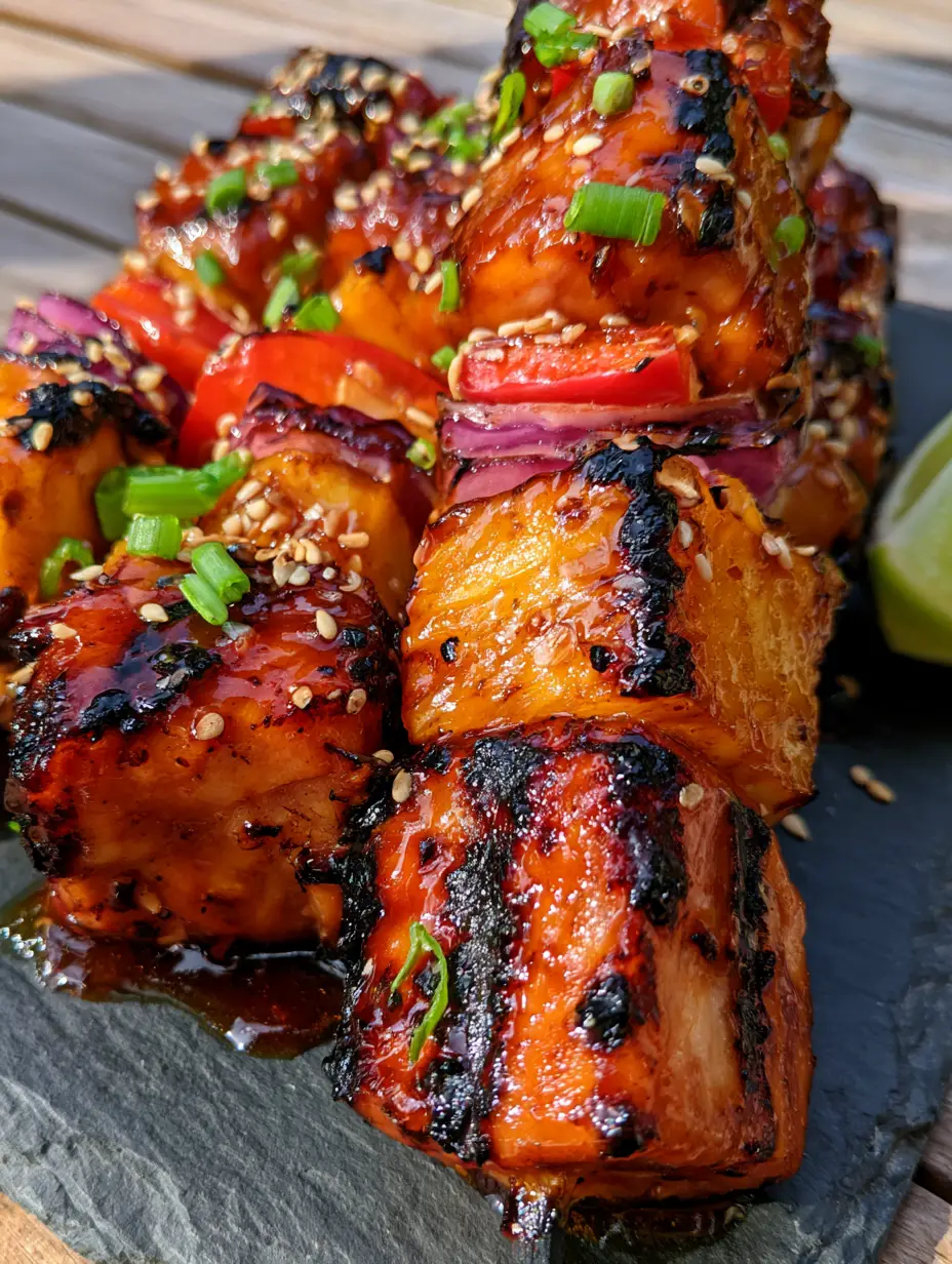 Pineapple Chicken Kabobs with Honey-Teriyaki Glaze 3 Detailed shot of succulent pineapple chicken kabobs showing charred grill marks and glistening amber glaze.
