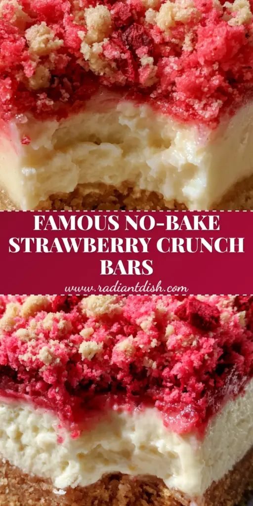 Strawberry Crunch Bars with Velvety Cream Cheese Filling 3 A thick, square Strawberry Crunch Bar with a clean bite taken out, showing the golden crust, stark white filling, and neon-pink crumble. (strawberry crunch bars)