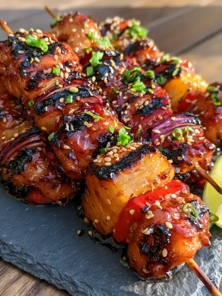 Pineapple Chicken Kabobs with Honey-Teriyaki Glaze 1 A rustic dark slate platter holding glazed pineapple chicken kabobs garnished with sesame seeds and scallions.