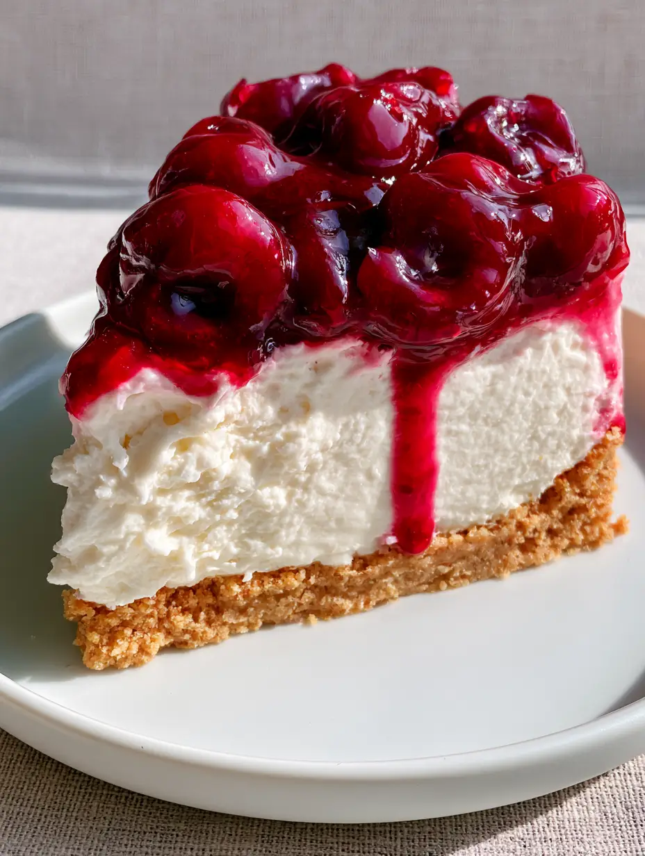 Cherry Cream Cheese Dessert: The Ultimate Ultra-Fluffy No-Bake Delight 3 Macro shot of a Cherry cream cheese dessert showing the airy peaks of the white mousse and the glossy dark red cherries.