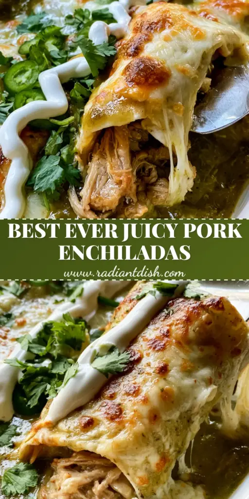 Pulled Pork Enchiladas Verde with Stretchy Monterey Jack Cheese 4 A white ceramic baking dish featuring pulled pork enchiladas verde with toasted Monterey Jack cheese and a zig-zag crema drizzle.