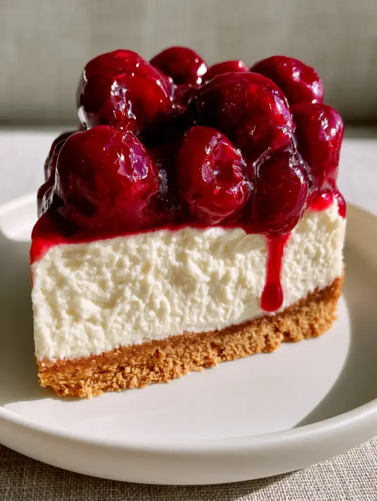 Cherry Cream Cheese Dessert: The Ultimate Ultra-Fluffy No-Bake Delight 1 A single slice of Cherry cream cheese dessert on a matte white plate with a neutral linen background.