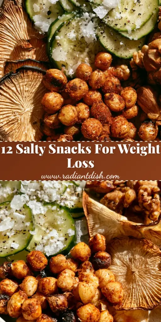 A colorful snack plate with charred chickpeas, cucumber slices with flaky salt, and radish chips. (salty snack ideas)