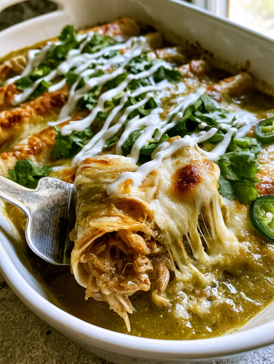 Pulled Pork Enchiladas Verde with Stretchy Monterey Jack Cheese 3 Lifting a single pulled pork enchilada verde with a silver spatula showing long cheese pulls and succulent pork filling.