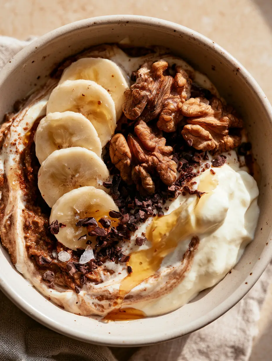 Midnight Snacks: The Ultimate Creamy Almond Butter and Greek Yogurt Bowl 4 Macro shot of almond butter and Greek yogurt peaks with honey and cinnamon for midnight snacks.