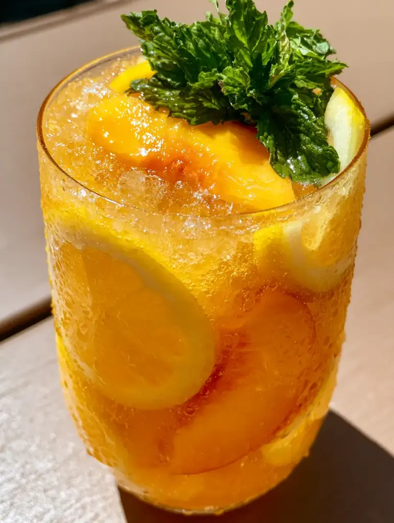 Refreshing Peach Lemonade with Fresh Puree and Sparkling Bubbles 1 Close up of sparkling water bubbles swirling through a glass of peach lemonade with lemon wheels.