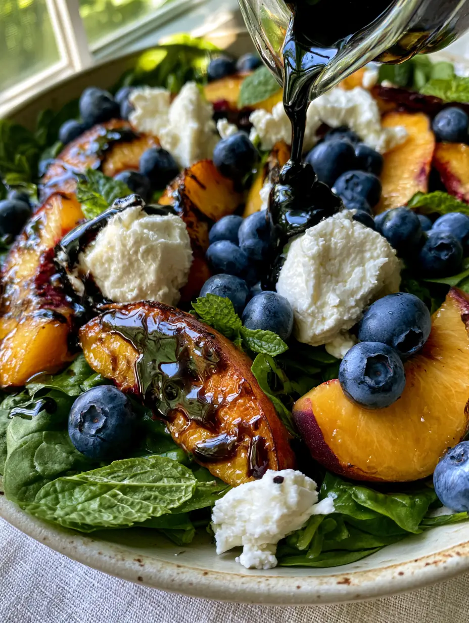 Blueberry Peach Feta Salad with Glossy Balsamic Glaze 3 Close-up of a Blueberry Peach Feta Salad showing the velvet texture of hand-crumbled feta and the obsidian-black glossy balsamic glaze on orange peaches.