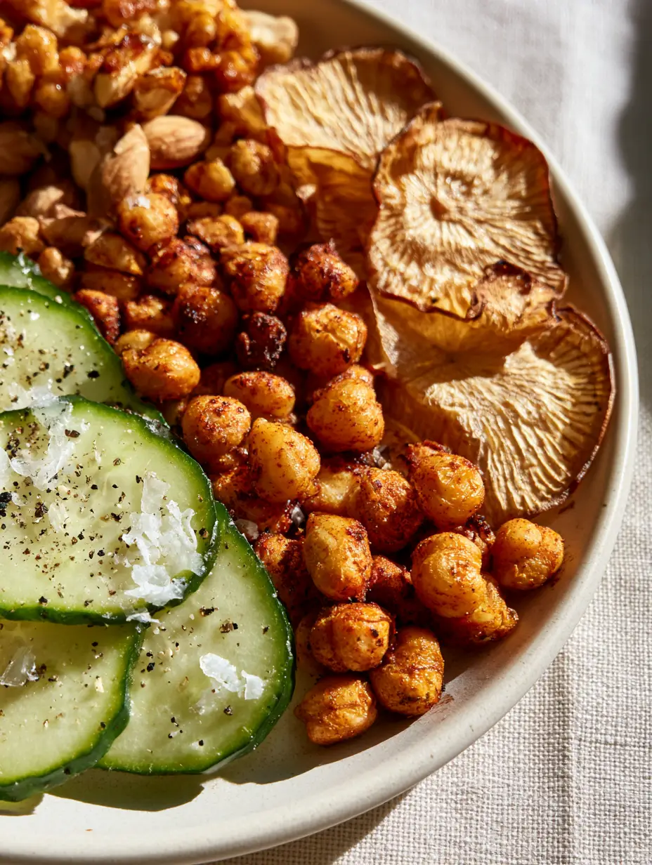 Macro shot of glistening sea salt crystals on cucumber slices next to smoked paprika chickpeas. (salty snack ideas)