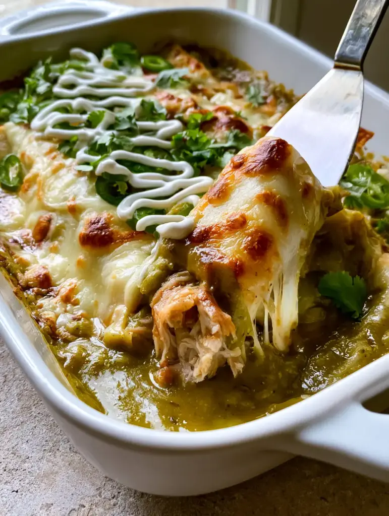Pulled Pork Enchiladas Verde with Stretchy Monterey Jack Cheese 1 Close up of thick glossy salsa verde and toasted Monterey Jack cheese on pulled pork enchiladas verde.