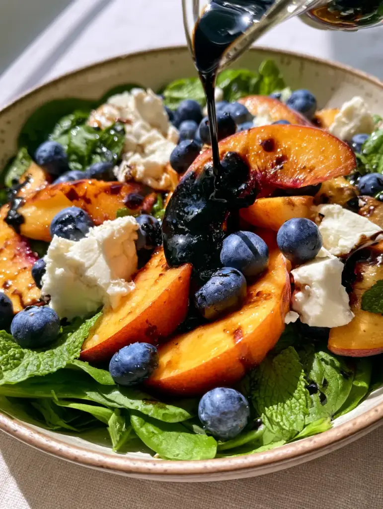 Blueberry Peach Feta Salad with Glossy Balsamic Glaze 1 Artisan-style shallow bowl filled with lush spinach, mint leaves, blueberries, and peach wedges for a Blueberry Peach Feta Salad.