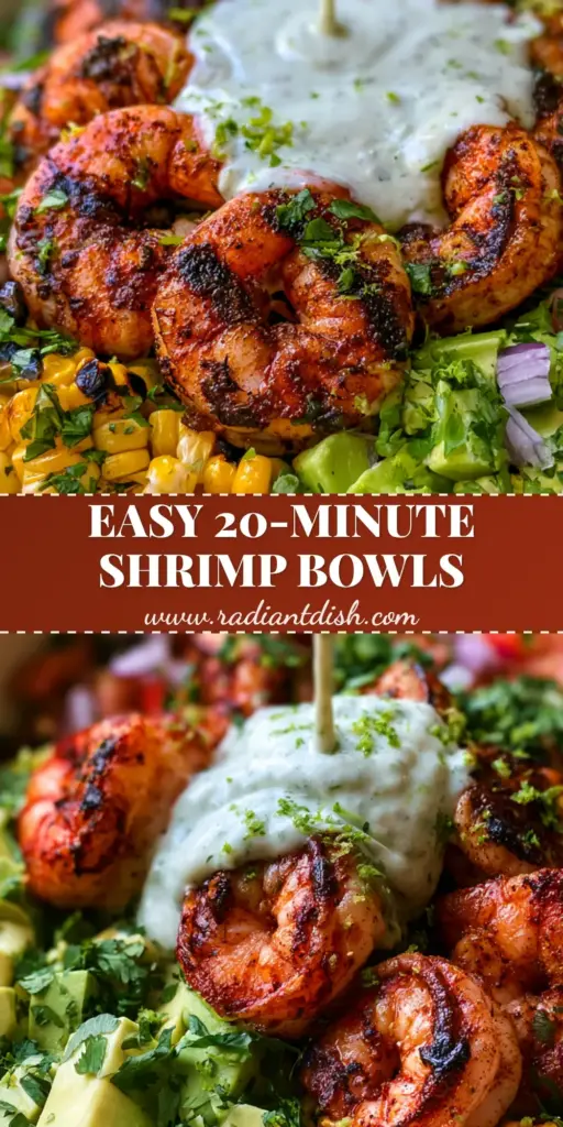Grilled Shrimp Bowl Recipe with Blackened Char and Cilantro Lime Crema 3 A vibrant grilled shrimp bowl recipe featuring jumbo blackened shrimp, roasted corn, avocado, and lime crema drizzle in a white bowl. (grilled shrimp bowl recipe)