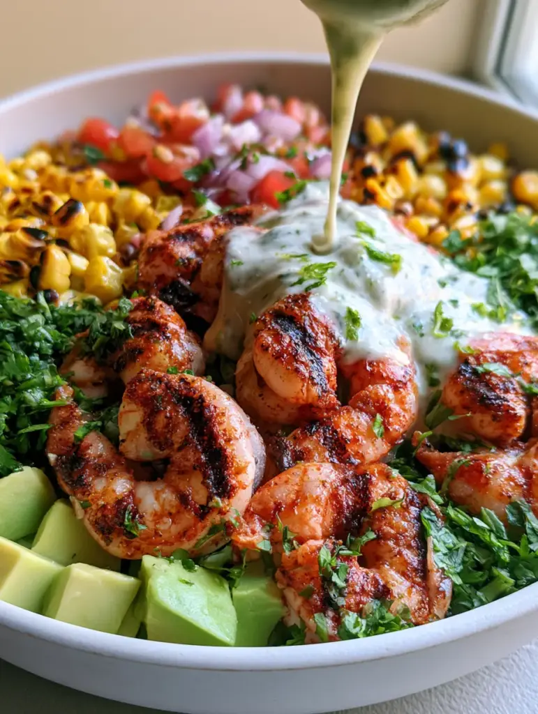 Grilled Shrimp Bowl Recipe with Blackened Char and Cilantro Lime Crema 2 Close up of jumbo succulent shrimp with deep crispy blackened char marks and glistening spice rub. (grilled shrimp bowl recipe)