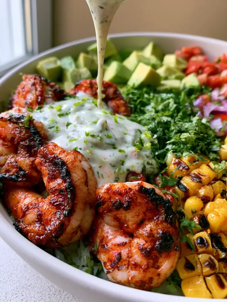 Grilled Shrimp Bowl Recipe with Blackened Char and Cilantro Lime Crema 1 A thick pale lime-cilantro crema being drizzled over a healthy shrimp bowl with avocado and roasted corn.