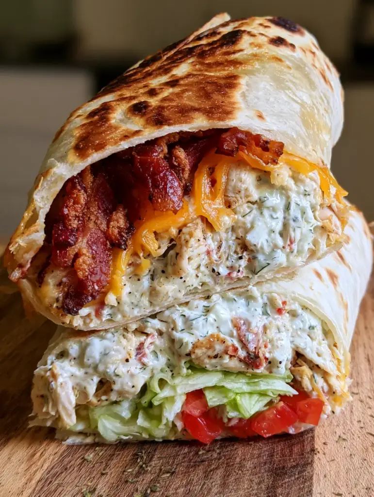 Close-up of the layered interior of Cheesy bacon ranch wraps featuring juicy chicken and vibrant tomatoes.