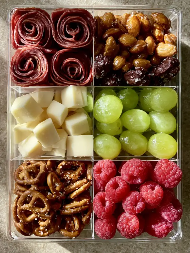 Snackle Box Ideas: The Ultimate Aesthetic Charcuterie Organizer 1 Close-up detail of salami rosettes and sharp cheddar cubes in a grid organizer.