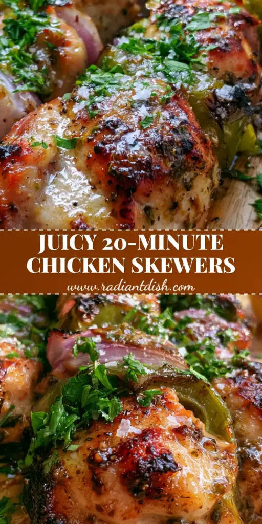 A close-up of Mediterranean Grilled Chicken Skewers Recipe featuring charred chicken chunks, green peppers, and red onions on a wooden surface.
