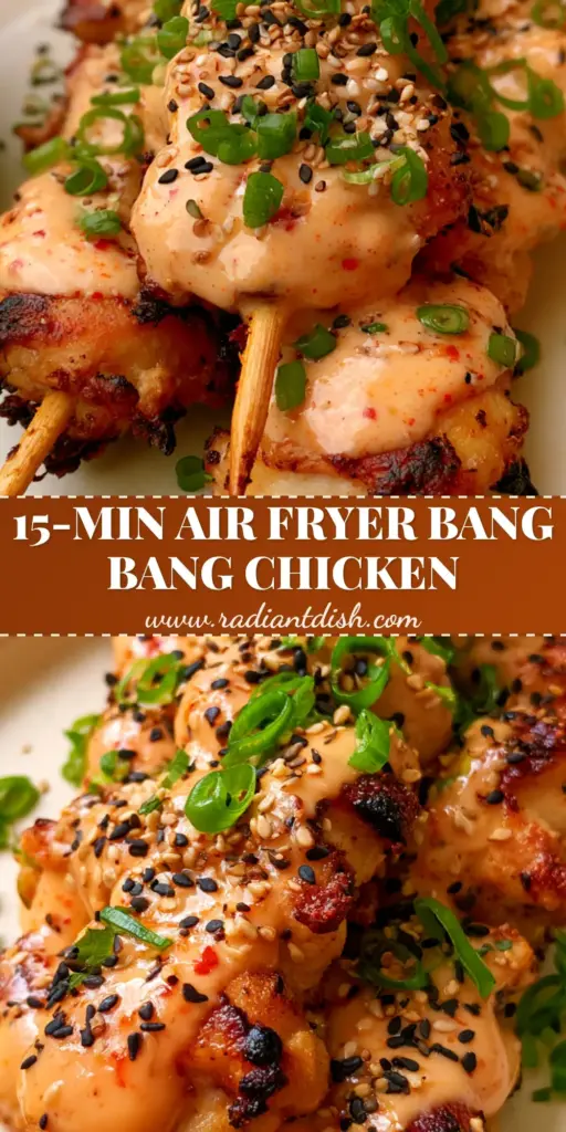 Air Fryer Bang Bang Chicken Skewers: Crispy, Charred, and Drizzled to Perfection 4 Three Air Fryer Bang Bang Chicken Skewers stacked on a cream plate, drizzled with orange sauce and sprinkled with sesame seeds.