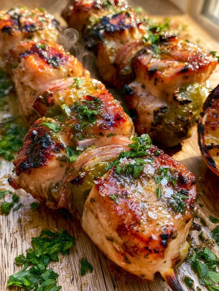 Close-up of three skewers with charred chicken, blistered green peppers, and red onion. (Grilled Chicken Skewers Recipe)
