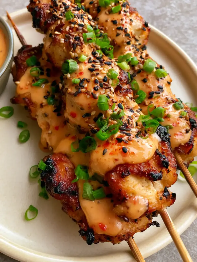 Air Fryer Bang Bang Chicken Skewers: Crispy, Charred, and Drizzled to Perfection 2 Close-up hero shot of three Air Fryer Bang Bang Chicken Skewers stacked diagonally on a matte cream ceramic plate with charred edges and pale-orange sauce.