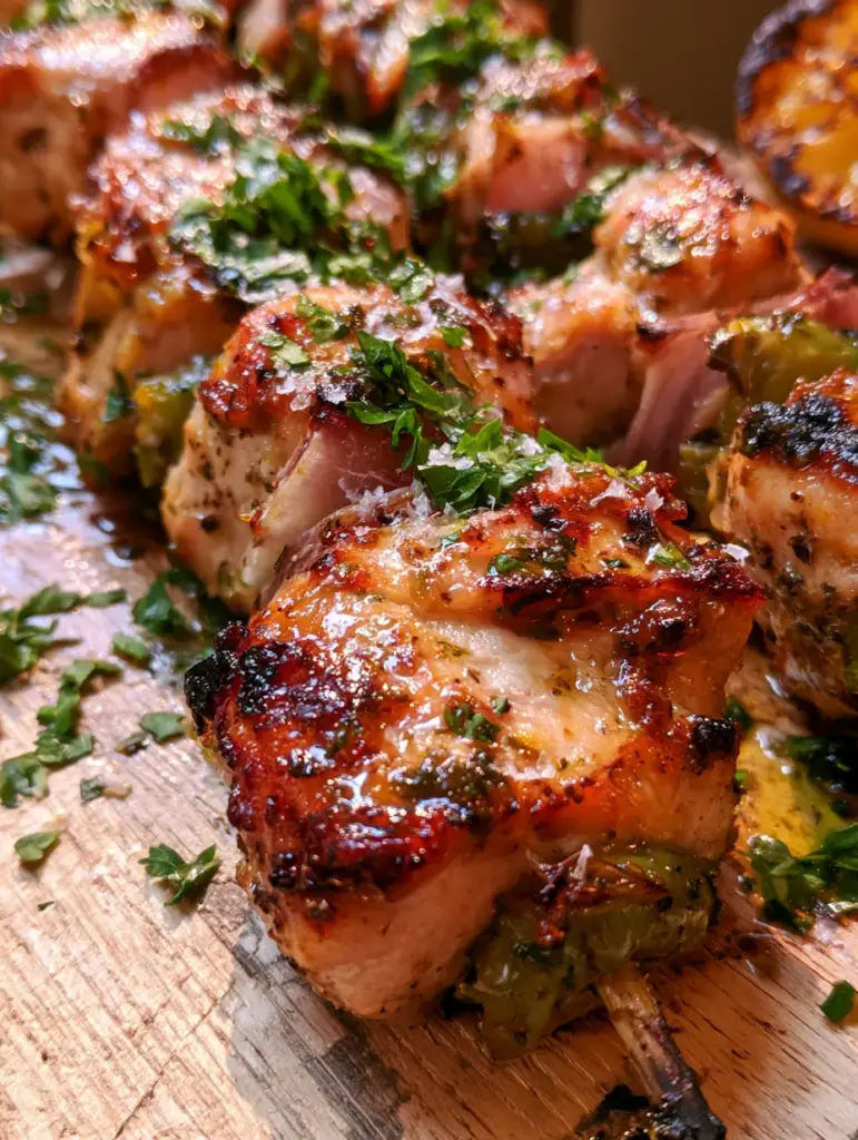 Handheld smartphone photo of chicken skewers with steam rising and charred lemon halves nearby. (Grilled Chicken Skewers Recipe)