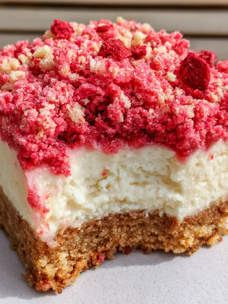 Strawberry Crunch Bars with Velvety Cream Cheese Filling 2 A handheld smartphone photo of a strawberry crunch bar showing the granular, messy neon-pink topping and velvety white layer. (strawberry crunch bars)