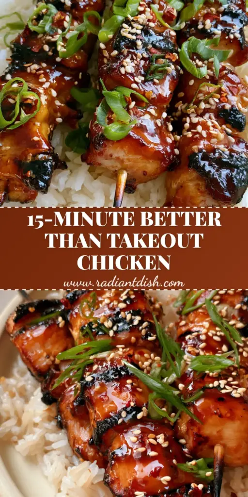A close-up shot of Honey Garlic Chicken Skewers with a thick amber glaze, sesame seeds, and scallions on a bed of jasmine rice. (Honey Garlic Chicken Skewers)