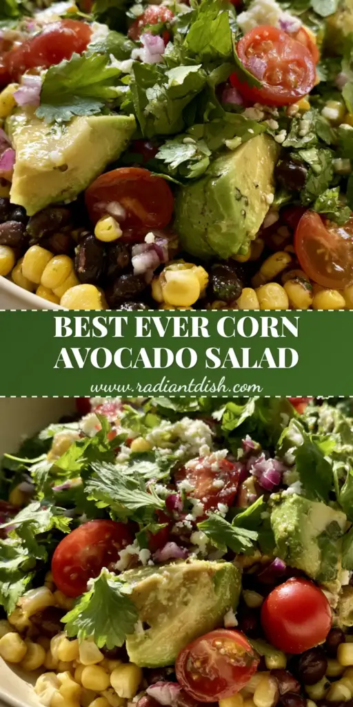 Corn Avocado Salad with Zesty Lime and Hearty Black Beans 4 A close-up vertical shot of a vibrant corn avocado salad with black beans, cherry tomatoes, and cotija cheese in a cream bowl.
