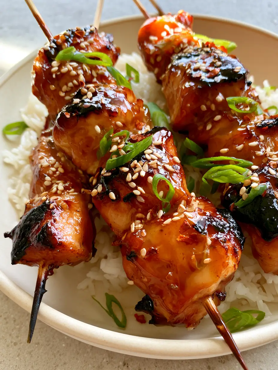 High-angle close-up of three juicy chicken skewers with dark charred edges and a glossy amber glaze. (Honey Garlic Chicken Skewers)