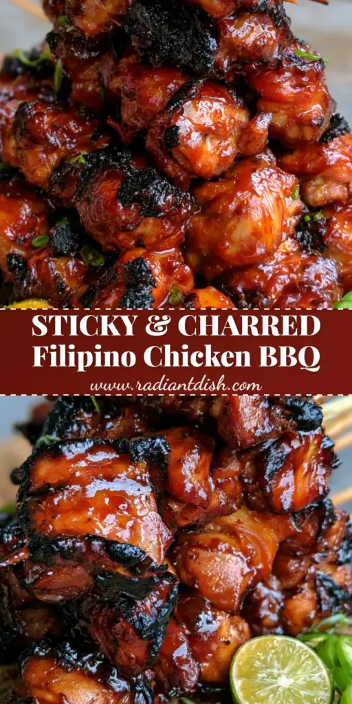 Filipino Chicken Barbecue: The Ultimate Sticky Mahogany Street Food Skewers 4 A stack of Filipino Chicken Barbecue skewers on a wooden board with charred grill marks and mahogany glaze.