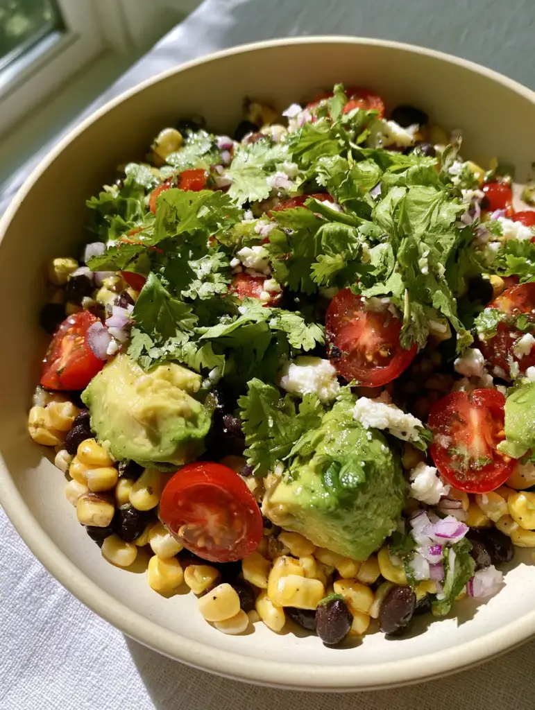 Corn Avocado Salad with Zesty Lime and Hearty Black Beans 2 Handheld smartphone photo of a corn avocado salad in a matte cream bowl on a white linen tablecloth.