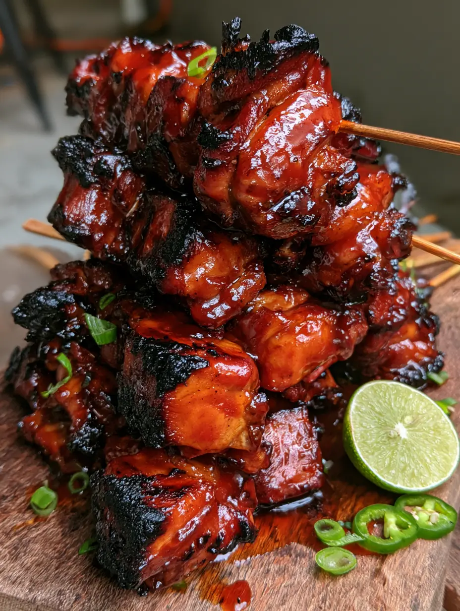 Filipino Chicken Barbecue: The Ultimate Sticky Mahogany Street Food Skewers 3 Close up of Filipino Chicken Barbecue showing thick chunks of meat and charred burnt ends.