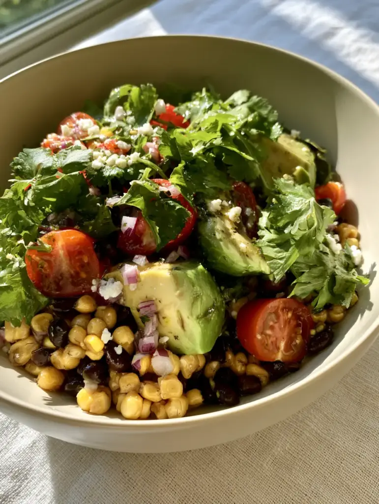 Corn Avocado Salad with Zesty Lime and Hearty Black Beans 1 Overhead view of glistening corn avocado salad ingredients including black beans and red onion.